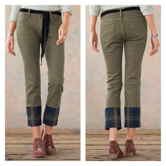 Anthropologie Driftwood Colette Roads End Flannel Cuffed Jean Pants Olive 27